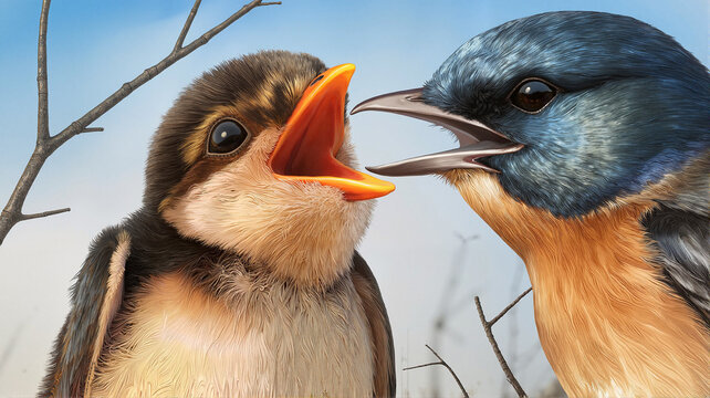 Close-up of two birds chirping on bare branches