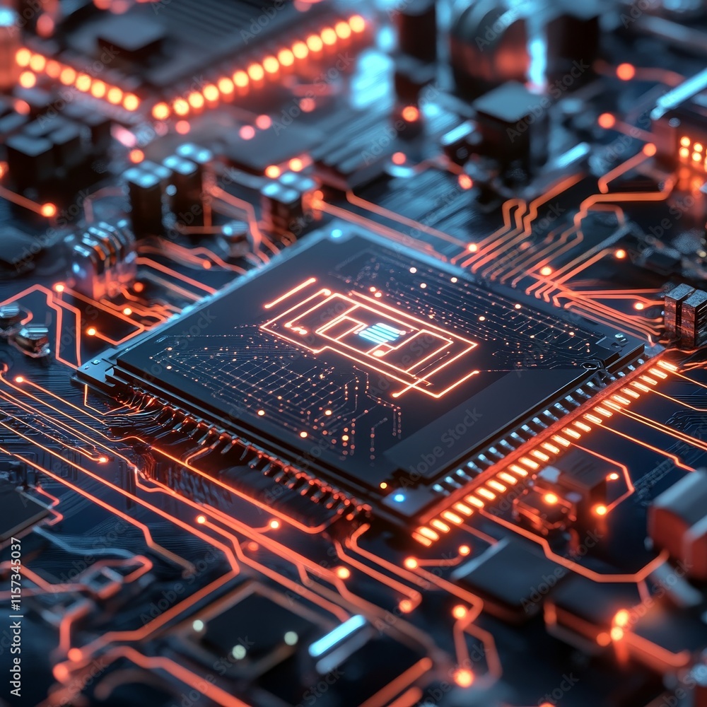 Poster circuit board with glowing orange lines showcasing advanced technology and intricate design details 