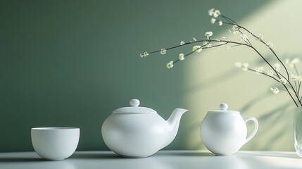 Minimalist white teapot, sugar bowl, and cup set against a green wall with flowering branches.
