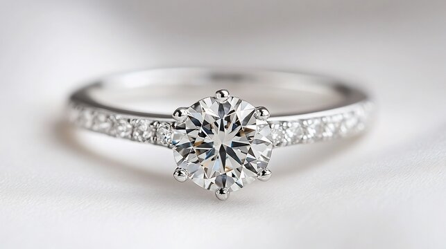 Sparkling solitaire diamond engagement ring on white.