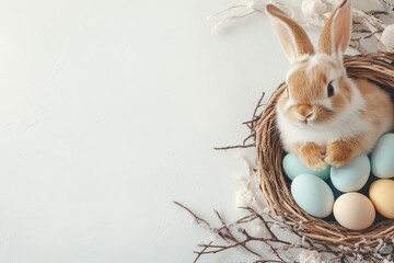 A charming Easter scene features a fluffy bunny in a nest of pastelcolored eggs, symbolizing the joy and celebration of Easter, which brings happiness and togetherness to families