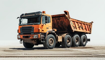 Orange Dump Truck on Sandy Surface with Clear Background and Sunshine Lighting