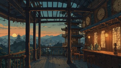 Dreamlike fantasy cityscape viewed from a clock-adorned balcony at sunset, blending Asian architecture with whimsical elements