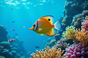 Obraz premium A vibrant orange and white fish swims gracefully amidst a coral reef teeming with diverse marine life