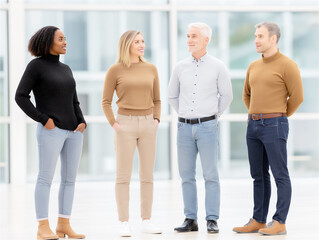 Fototapeta premium A group of diverse colleagues standing together in casual clothing, discussing ideas in a bright modern workspace.