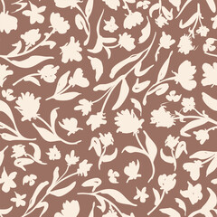 Mocca brown, florals with leaves seamless repeat pattern. Random placed, vector botany aop, all over surface print on  brown background.