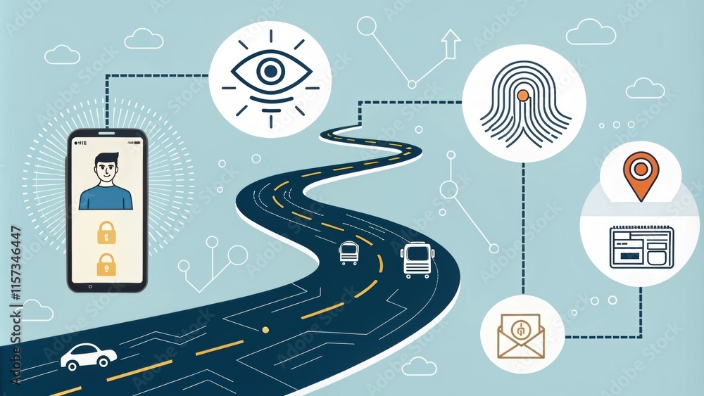 Poster winding road representing the biometric journey, linking smartphone user verification, eye and finge