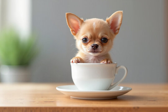 Adorable chihuahua puppy posed inside white teacup
