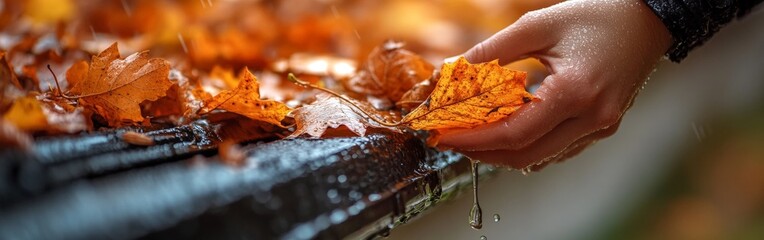 Hand Clearing Leaves from Rain Gutter During Autumn Season