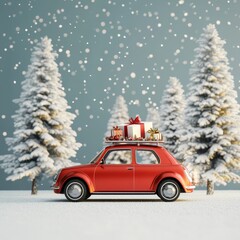 Classic Red Car With Gifts Traveling Through a Snowy Landscape With Evergreen Trees During the Holiday Season