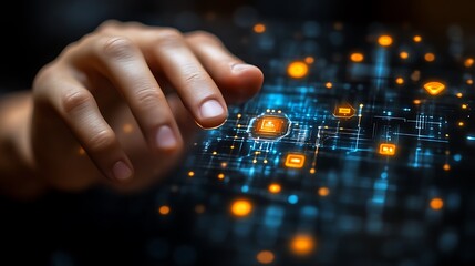 Hand interacting with digital interface.