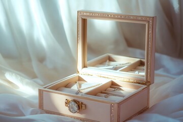 Elegant jewelry box with mirror and precious jewels resting on white silk