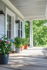 Fototapeta premium Fresh herbs growing in small pots on a farmhouse porch