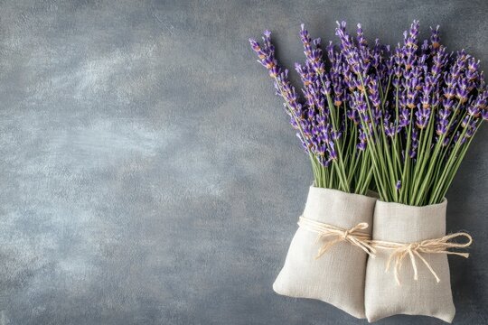 Beautiful lavender flowers arranged in burlap sachets, perfect for home decor or aromatherapy, bringing a touch of elegance and calm.