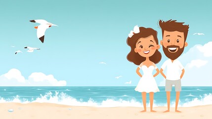 Happy cartoon couple on beach vacation.