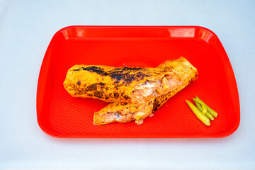 Lavash doner kebab ( soslu kasarli zurna doner durum )  or shawarma sliced in plate isolated. ...