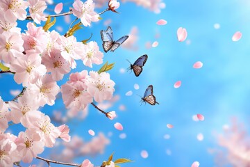 In a serene spring scene, cherry blossoms bloom vibrantly, and butterflies flutter among delicate petals, capturing the enchanting beauty of Easter and the joy of this lovely season