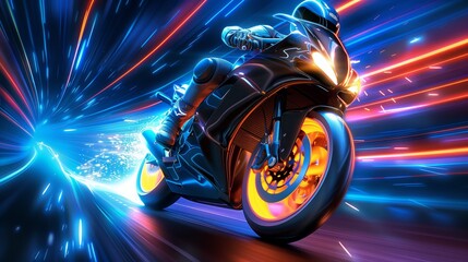 High-speed motorcyclist with neon light trails in a tunnel