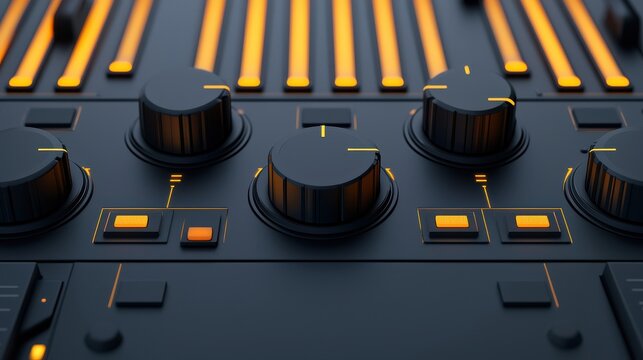 Detailed 3D Visualization of an Interactive Soundwave Mixer Control Panel with Bright Orange Highlights on a Dark Background