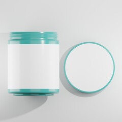 A teal jar with a white label and lid sits on a white background, creating a clean and minimalist aesthetic. The jar is open, revealing the empty interior.