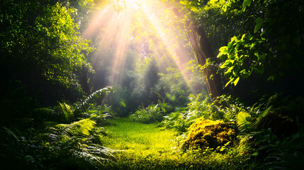 A lush rainforest with sunlight streaming through the canopy