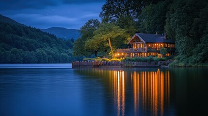 Fototapeta premium Serene lakeside cabin glowing in evening light, surrounded by trees and calm water reflecting bright colors.