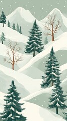 Fototapeta premium Snowy Mountain Landscape With Evergreen Trees