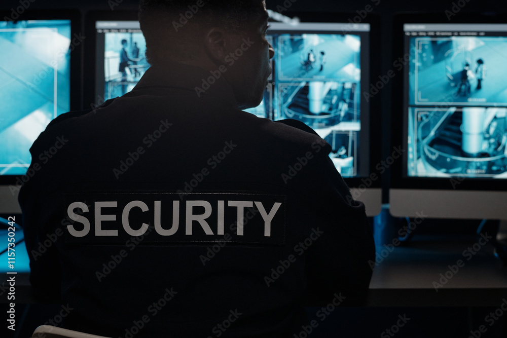 Aufkleber back of modern security guard wearing black uniform sitting on chair in front of camera while observ