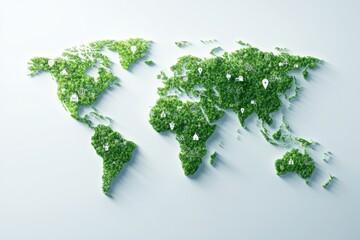 A green-themed world map made of foliage, symbolizing nature, sustainability, and environmental awareness.