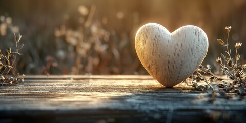 Polished Wooden Heart on Table Surrounded by Herbs