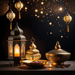 A luxurious Arabic-themed black background with glowing gold lanterns and intricate decor.