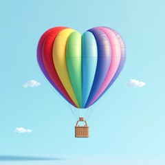 Fototapeta premium Rainbow heart-shaped hot air balloon floating in a pastel blue sky.