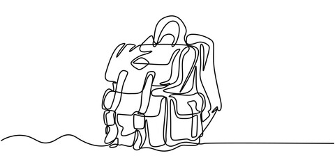 One continuous line illustration of a backpack, isolated on white background, Continuous one line drawing backpack. Camping backpack vector hand drawn silhouette clipart. Sketch isolated on white.