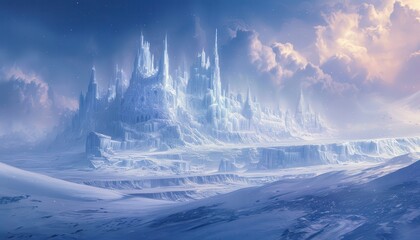 A majestic ice castle, a breathtaking fantasy landscape.  Perfect for winter, fairytale, and magical themes. Ideal for backgrounds, game design, and book covers.