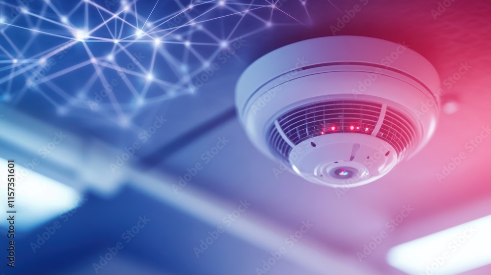 Poster a closeup of a smoke detector integrated with iiot technology mounted on a ceiling with visible netw