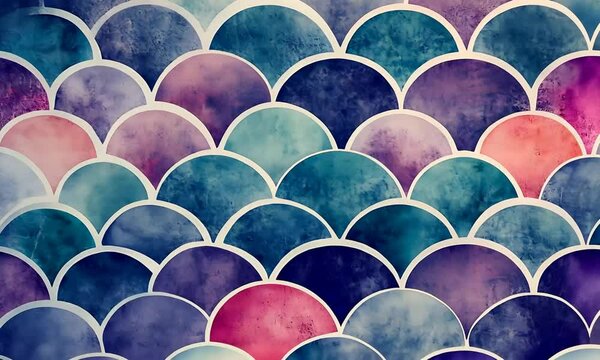 A colorful, patterned design featuring overlapping scalloped shapes in various hues.
