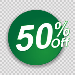 Green round icon with the text “50% off”, for sales, promotions and discounts. Suitable for web pages, banners and marketing graphics. Vector illustration on transparent background.
