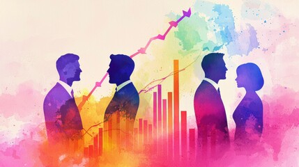 Colorful Silhouettes of Business People Against a Vibrant Background Representing Financial Growth and Success in a Dynamic Corporate Environment