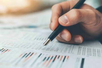 Close-up of a Hand Holding a Pen Over Printed Stock Charts and Financial Data with Soft Light Background for Business and Finance Concepts