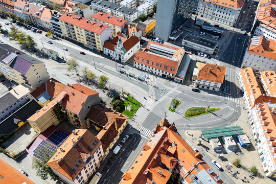 City of Graz from the air. Aerial view of the quare Griesplatz in the Gries district.