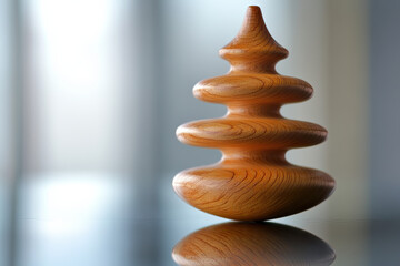 A macro photo of a wooden teetotum spinning and standing on a glass surface, showcasing its intricate craftsmanship and smooth, reflective surface