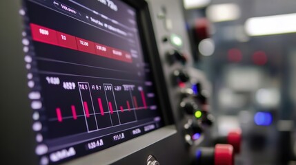 A zoomedin perspective of a digital readout on a machine streaming live performance statistics in a bright color scheme highlighting the importance of realtime data.