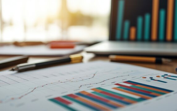 Detailed Analysis of Business Charts on Glossy Paper with Scatter Plots and Bar Graphs in a Professional Office Setting