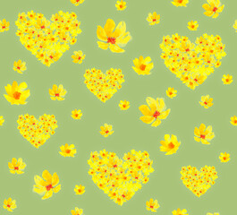Colorful floral pattern featuring yellow hearts and blooms against a green background in a vibrant design suitable for fabric or wallpaper