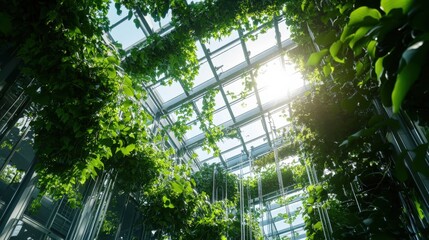Sunlight Streams Through a Greenhouse Filled with Lush Plants and Vines