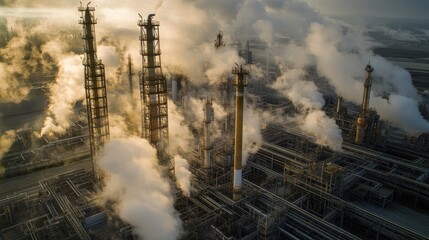 Cooling towers rise above the sprawling petrochemical complex, releasing steam as engineers inspect the surrounding systems.