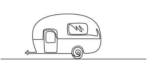 Camp & Caravan Continuous Line Editable Stroke Line, Continuous one line drawing of motorhome, Motorhome in continuous line art drawing style. Campervan recreational vehicle black linear sketch.