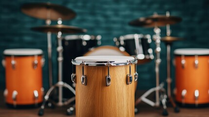 Fototapeta premium Dynamic Studio Setup Featuring Wooden Drums and Drum Kit in a Modern Music Environment