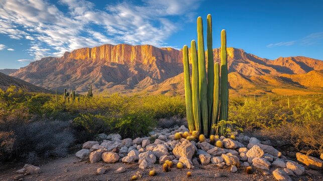 Sunset over desert mountain range with cacti.