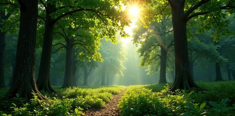 Dappled sunlight filters through the taiga's canopy, lush, trees